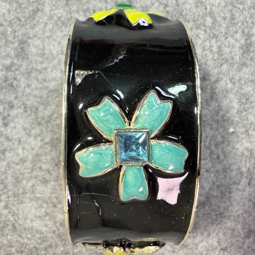 Black Enamel Flower‎ Cuff Bracelet Blue Green Rhinestone Statement Wide Bangle